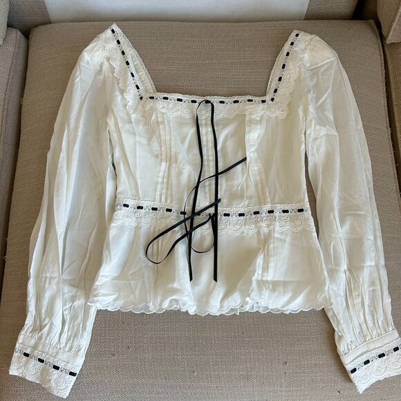 NEW Reformation Haisley Top Blouse Sz4 White Cotton Lace Black Bow French - Picture 4 of 10